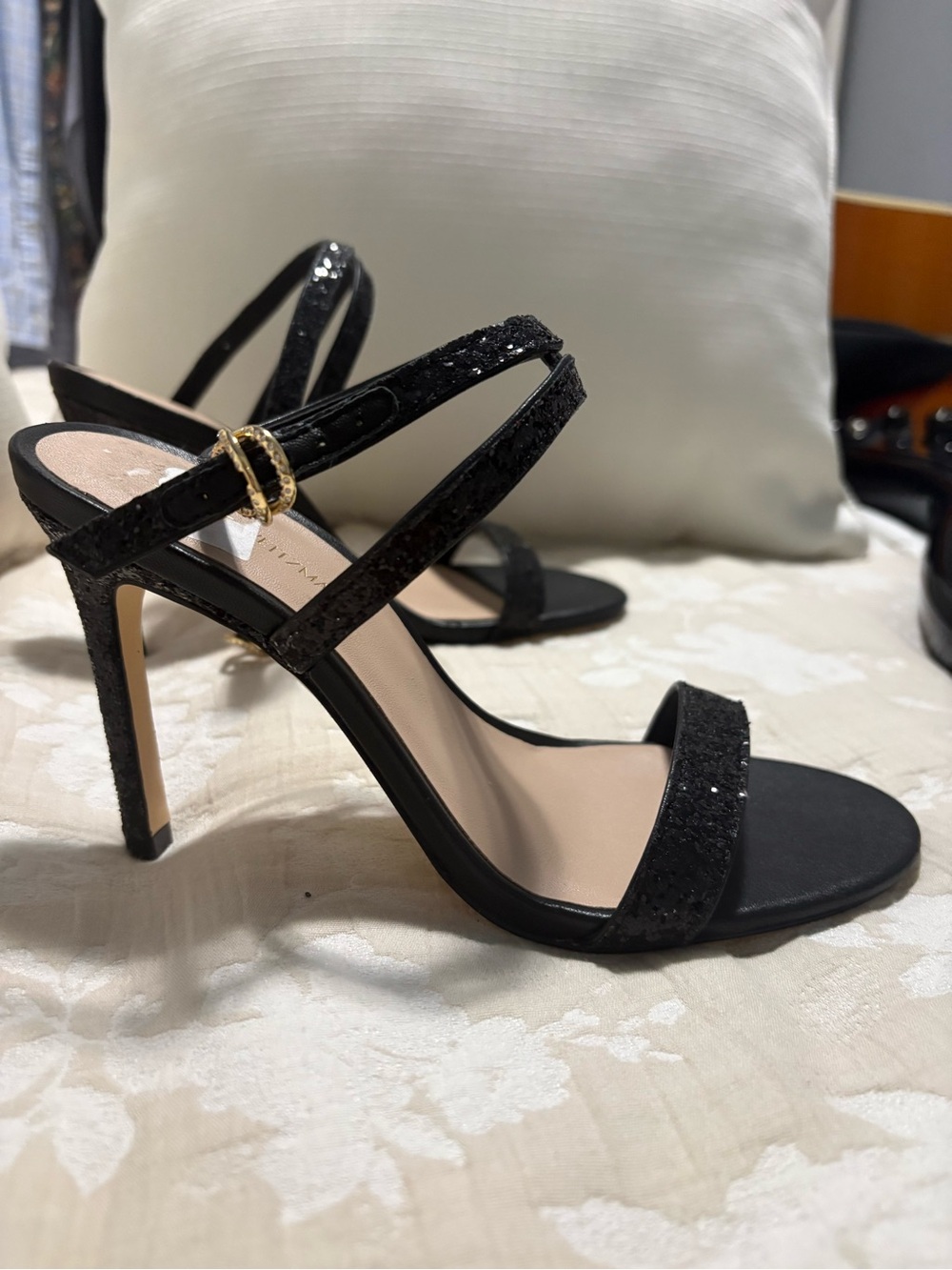 Stuart Weitzman Black Glitter Strappy Stiletto Sandals